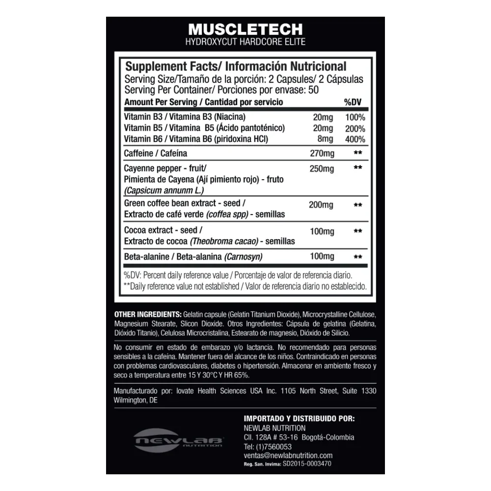 HYDROXYCUT HARDCORE ELITE 100capsules MUSCLETECH - Imagen 2